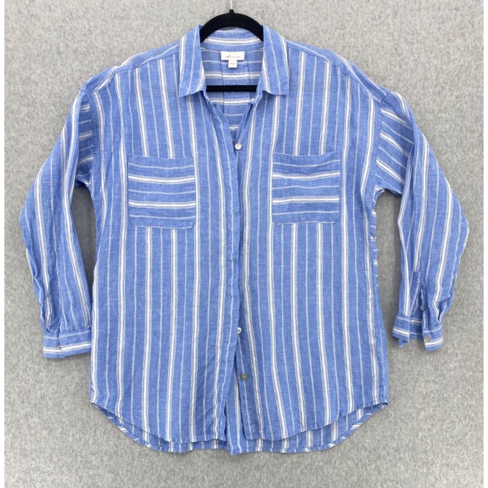 J Jill Love Linen Shirt womens Medium Blue & White Striped Linen‎ Button-Up